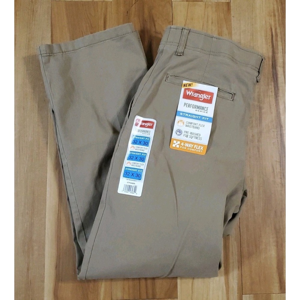 NEW Wrangler Perform Series Mens Khaki Tan Straight Leg Chino Pants Size 32x30